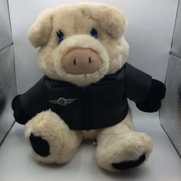 Vtg Harley Davidson God Bless America Plush Pig Stuffed Animal Motorcycle Jacket - Picture 1 of 13